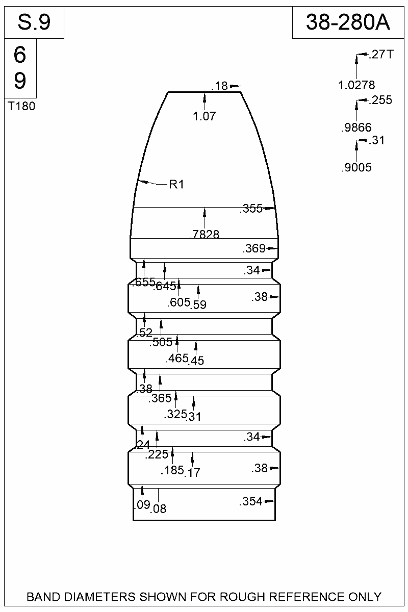 Dimensioned view of bullet 38-280A