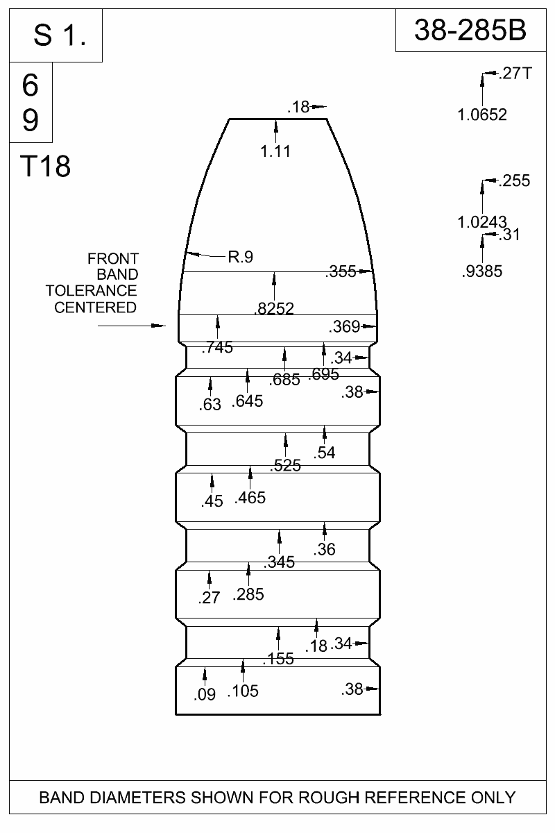 Dimensioned view of bullet 38-285B