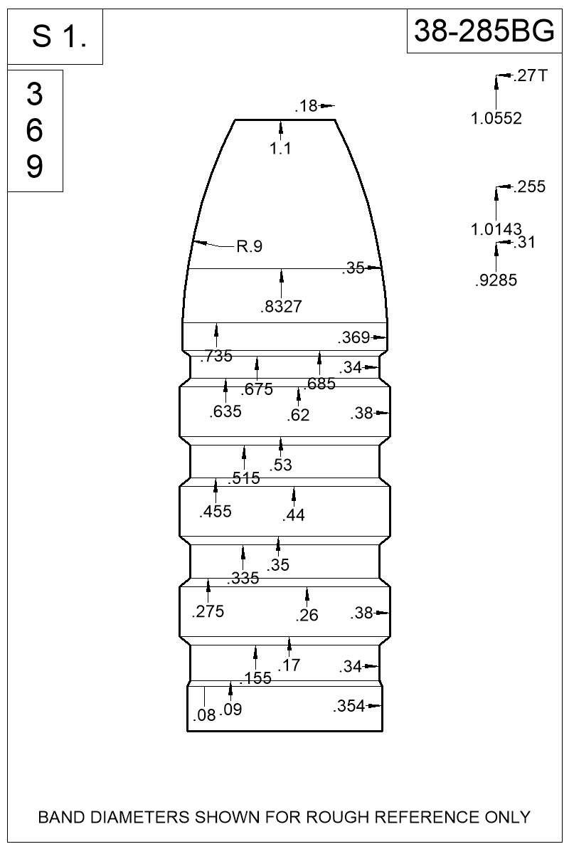 Dimensioned view of bullet 38-285BG