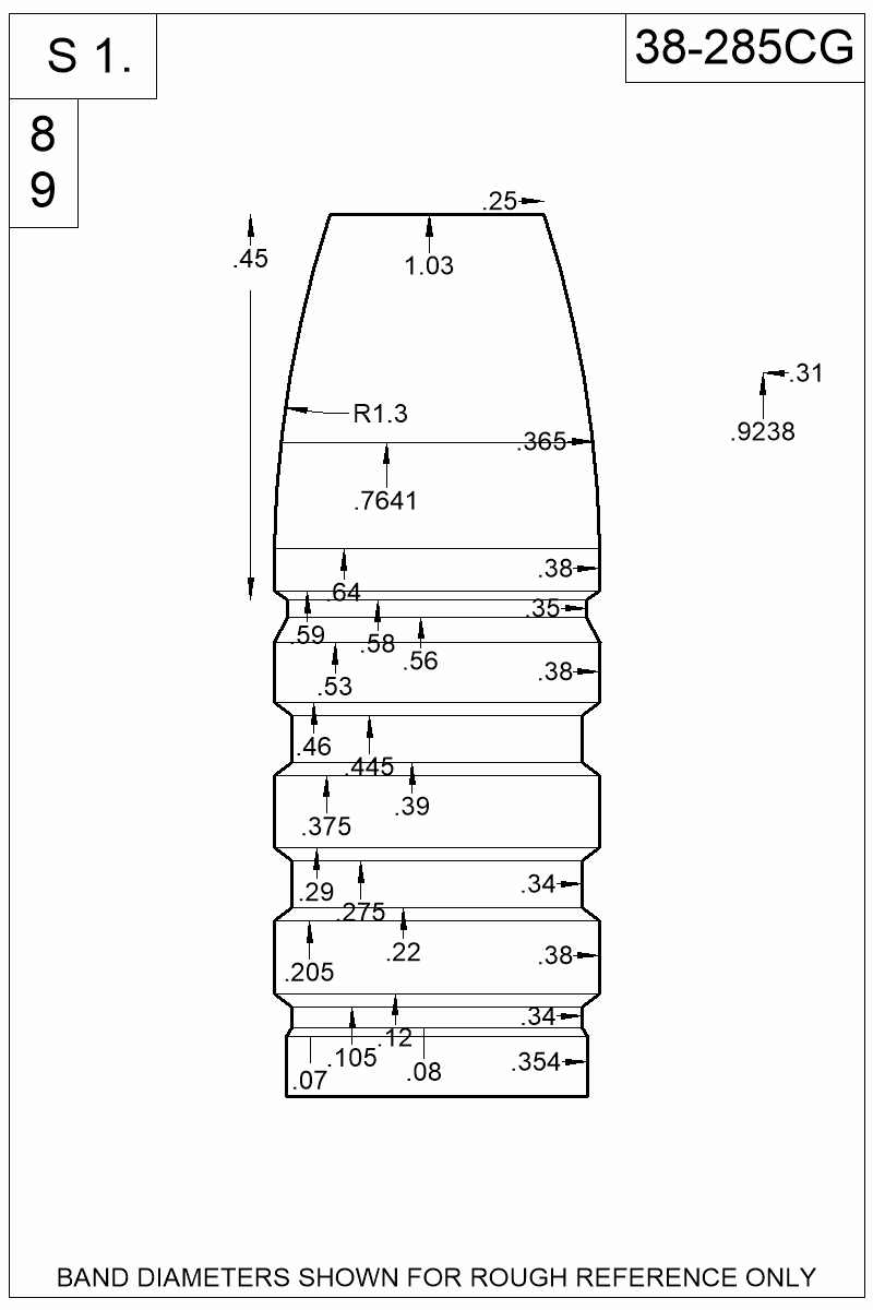 Dimensioned view of bullet 38-285CG