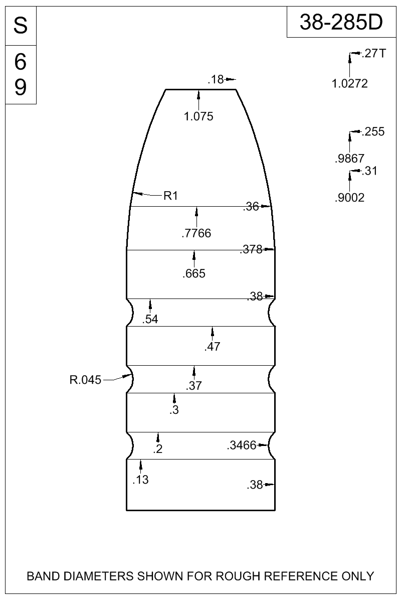 Dimensioned view of bullet 38-285D