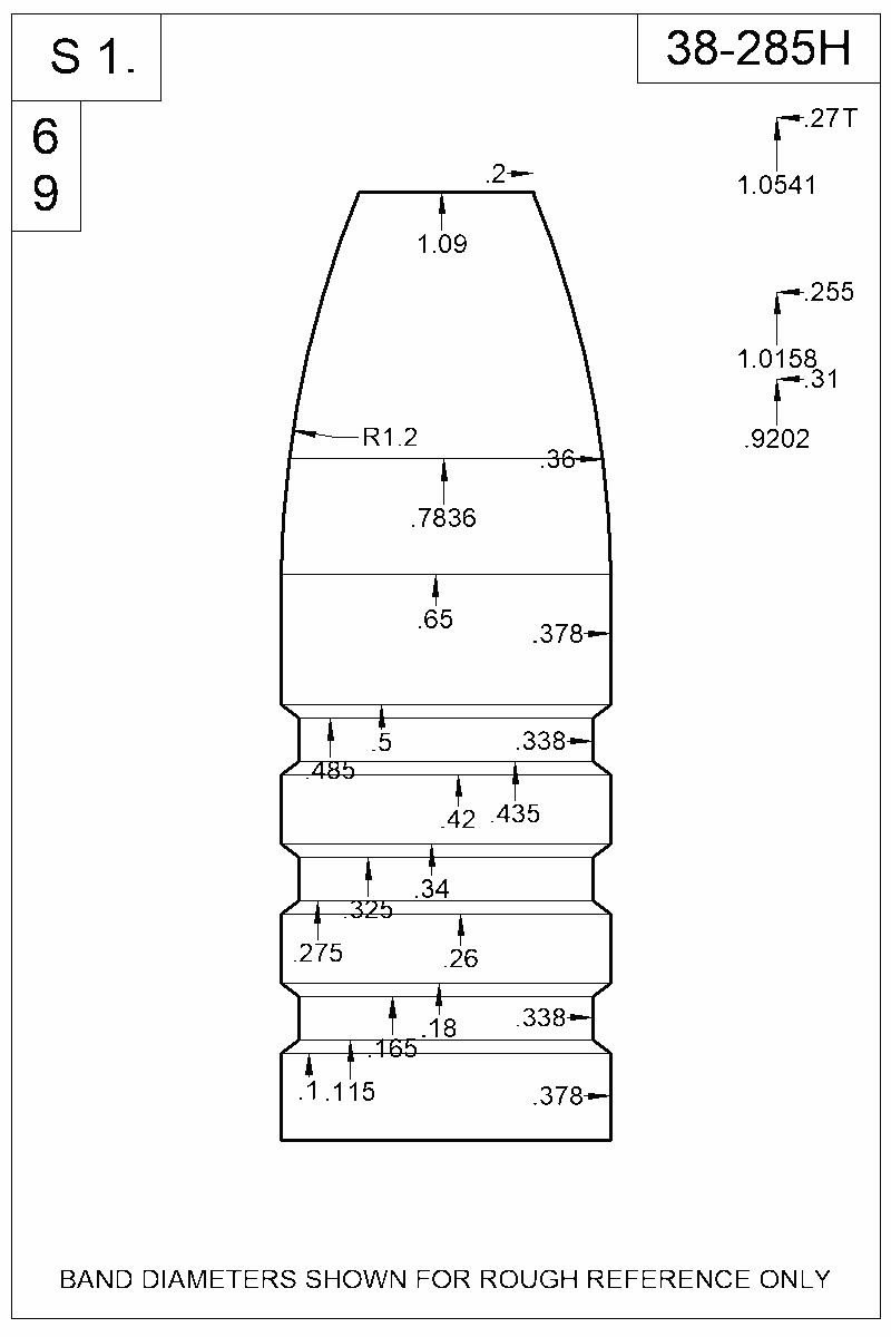 Dimensioned view of bullet 38-285H