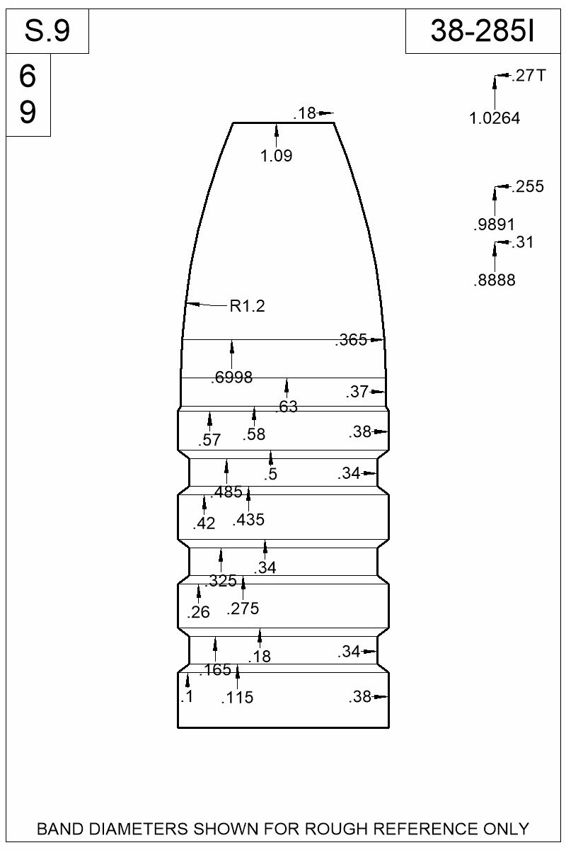 Dimensioned view of bullet 38-285I
