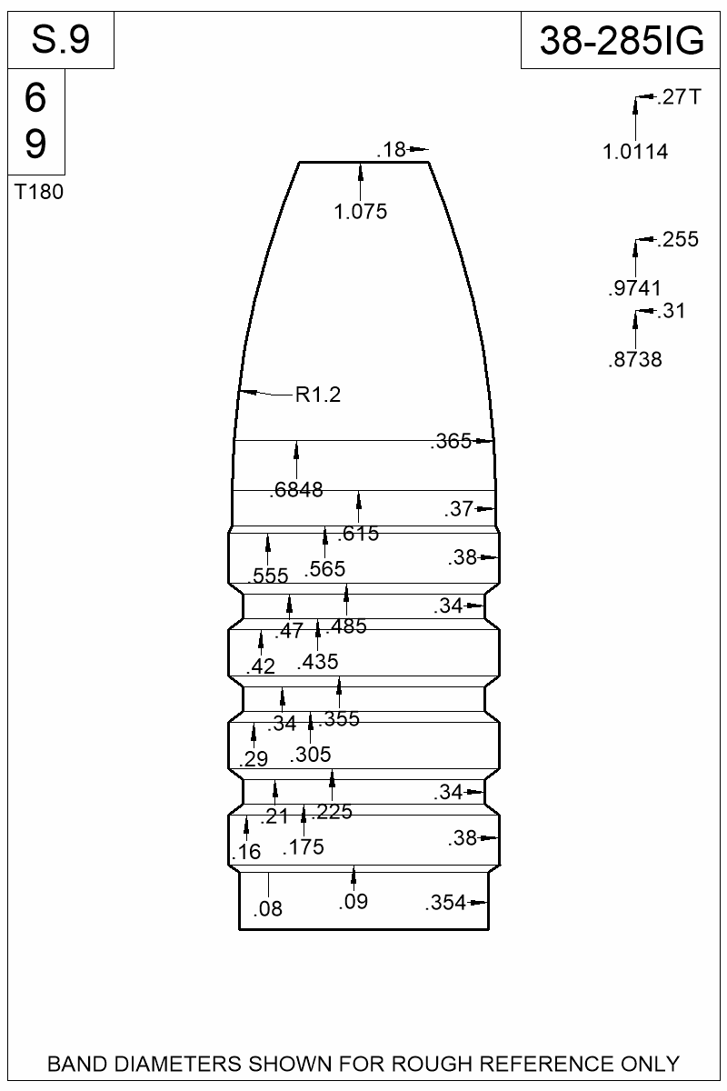 Dimensioned view of bullet 38-285IG