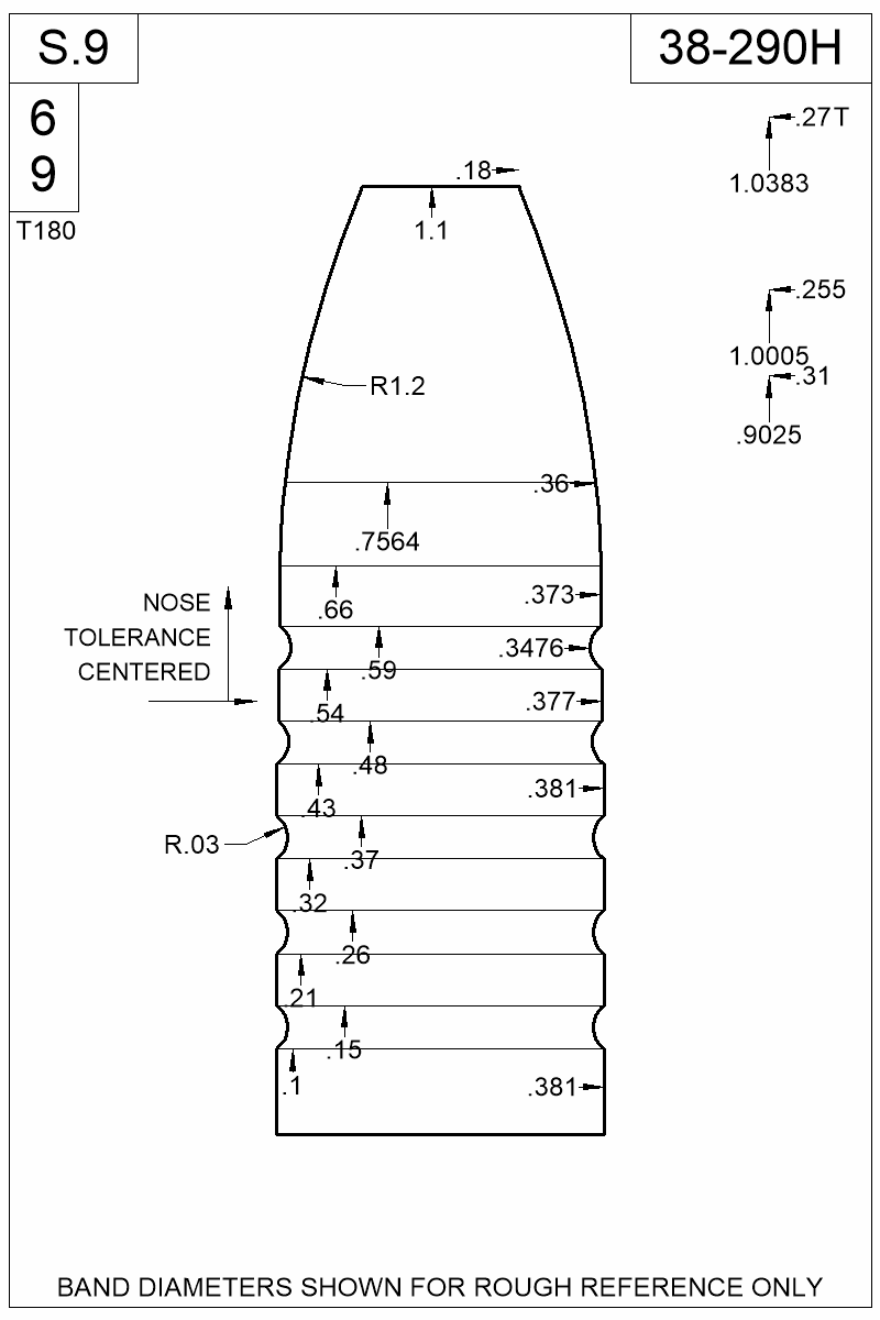 Dimensioned view of bullet 38-290H
