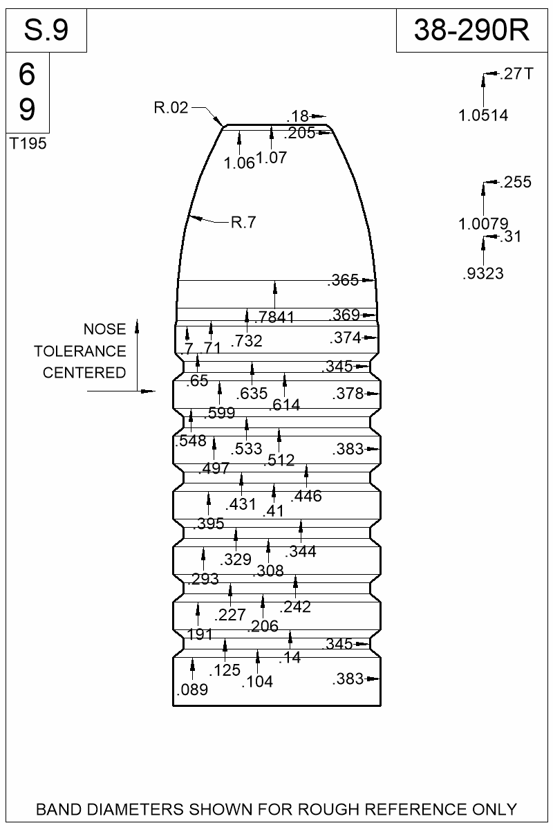 Dimensioned view of bullet 38-290R