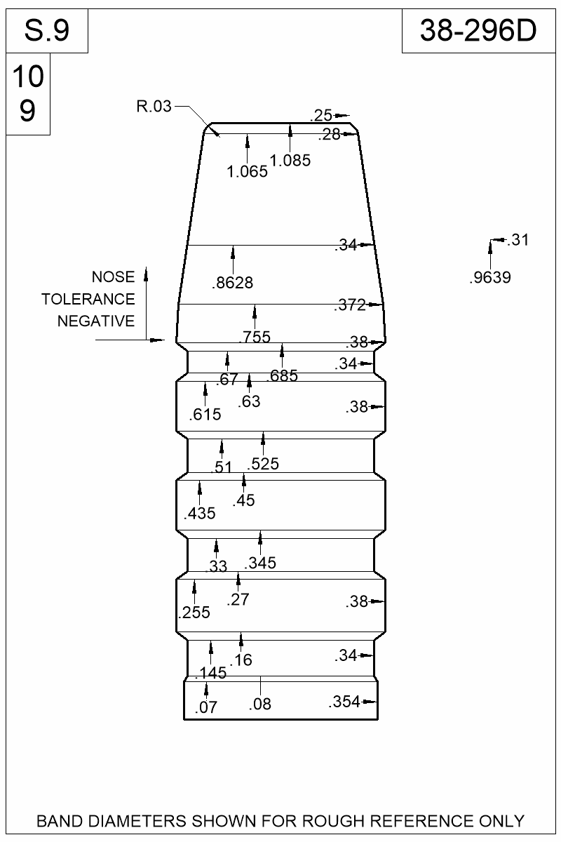 Dimensioned view of bullet 38-296D