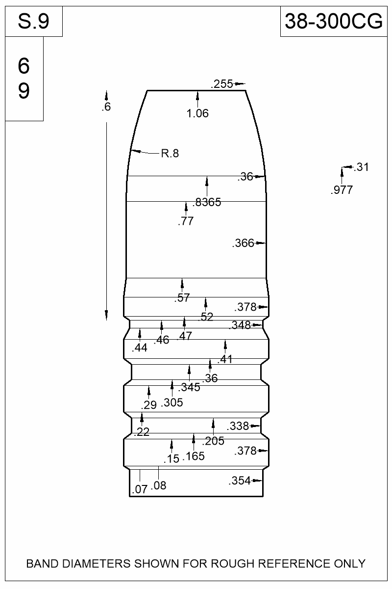 Dimensioned view of bullet 38-300CG