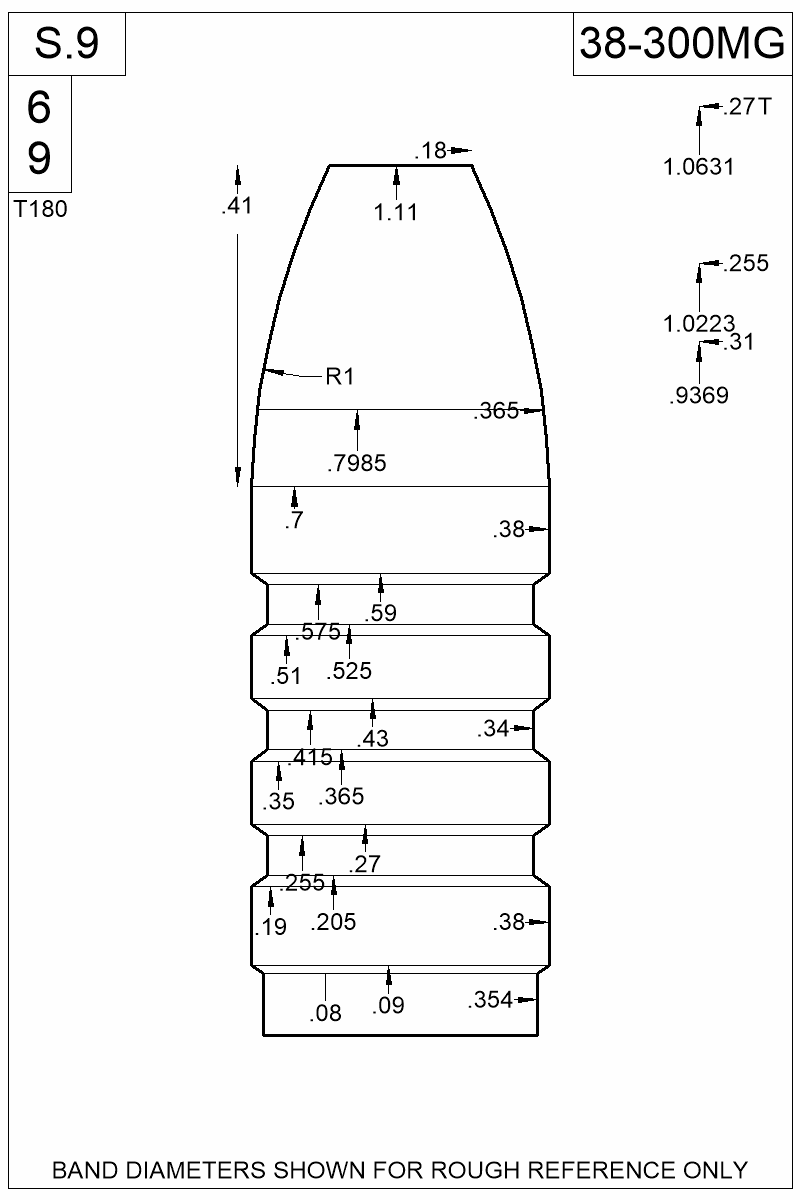 Dimensioned view of bullet 38-300MG