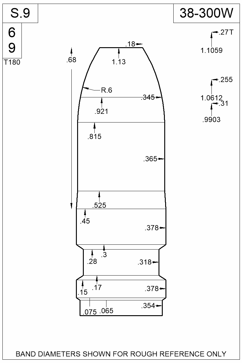 Dimensioned view of bullet 38-300W