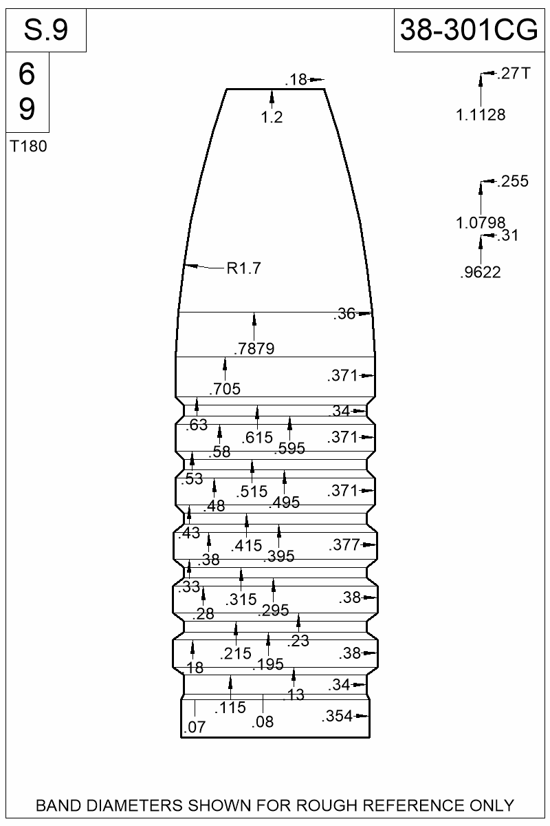 Dimensioned view of bullet 38-301CG