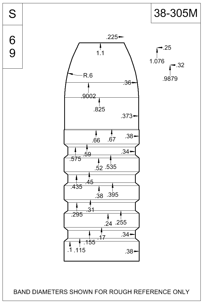 Dimensioned view of bullet 38-305M