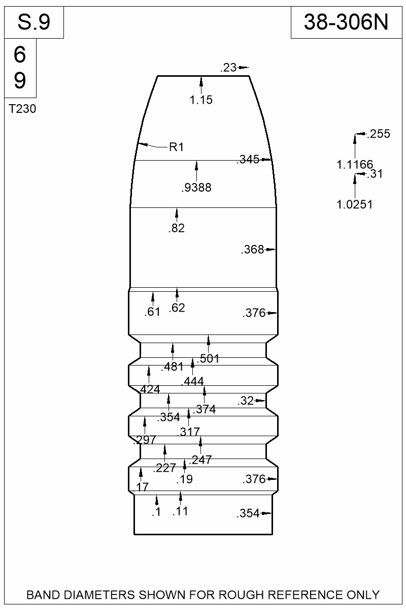 Dimensioned view of bullet 38-306N