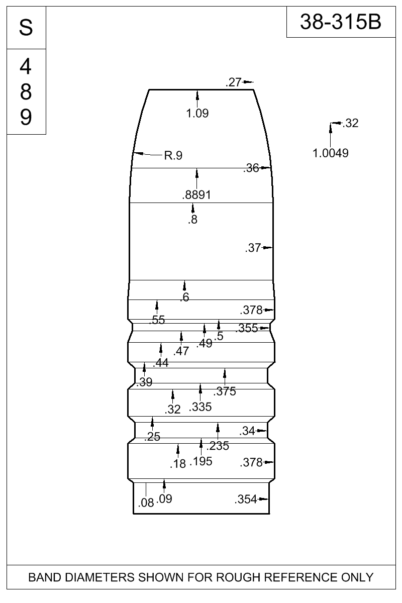 Dimensioned view of bullet 38-315B