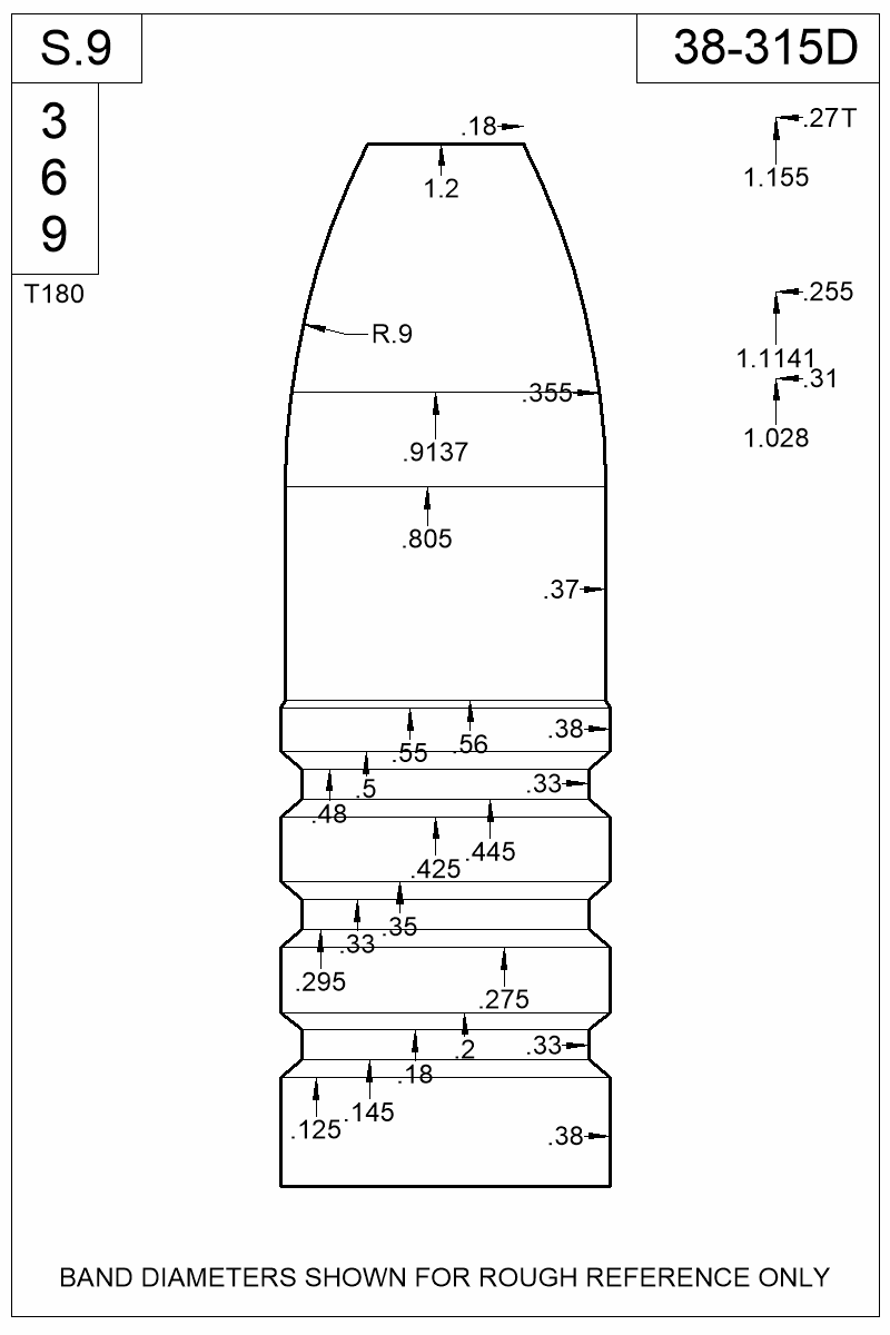 Dimensioned view of bullet 38-315D