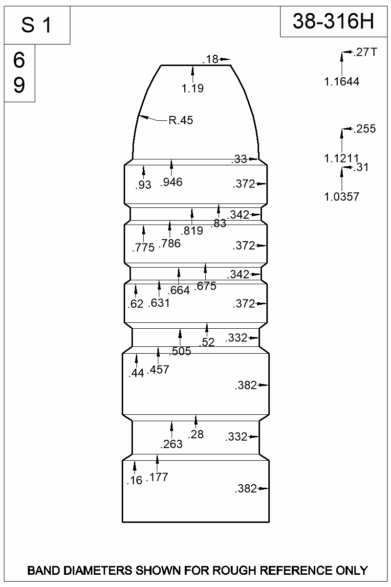 Dimensioned view of bullet 38-316H