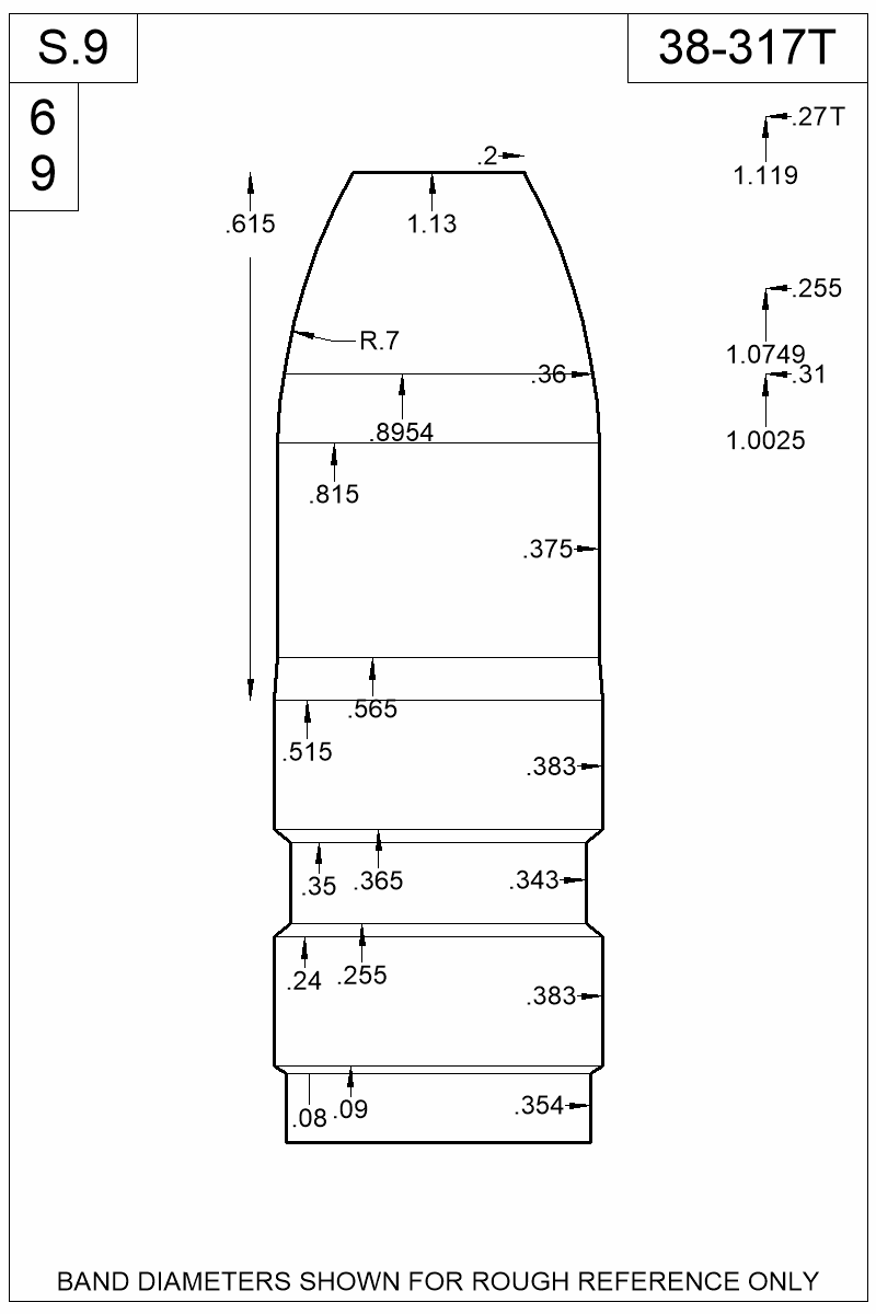 Dimensioned view of bullet 38-317T