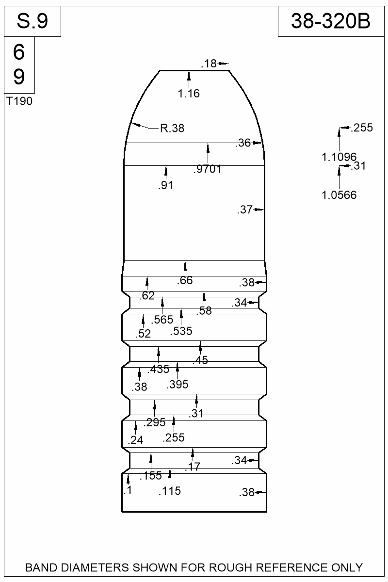 Dimensioned view of bullet 38-320B