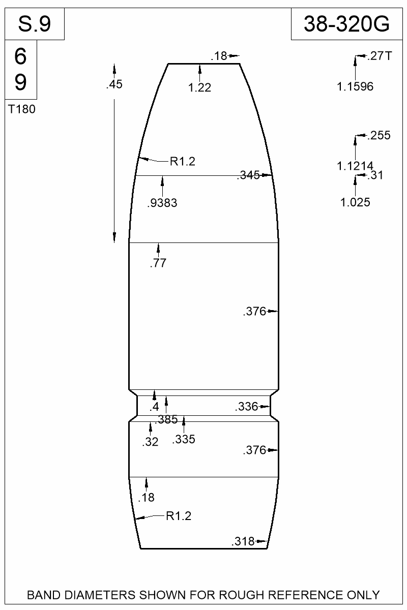 Dimensioned view of bullet 38-320G