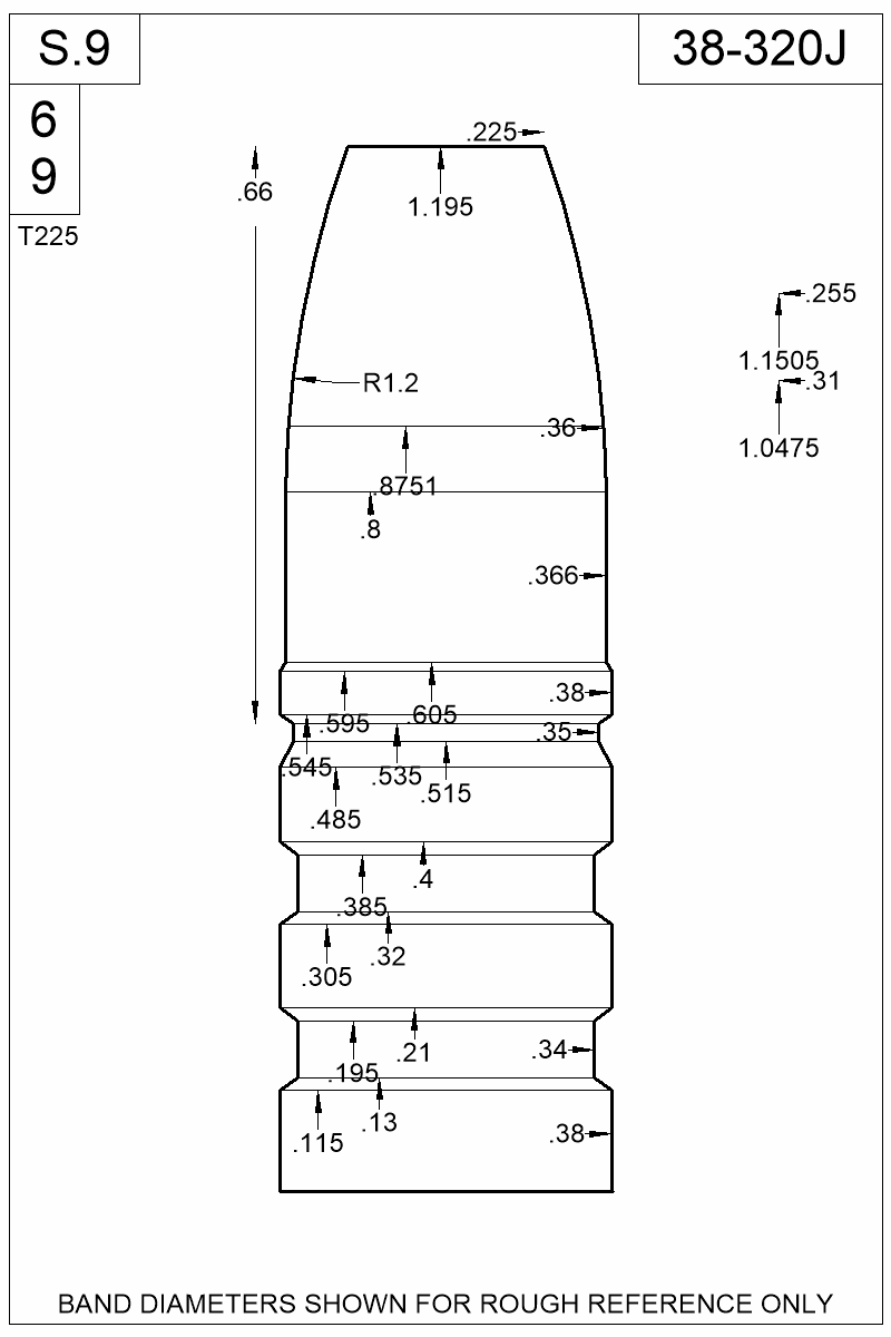 Dimensioned view of bullet 38-320J