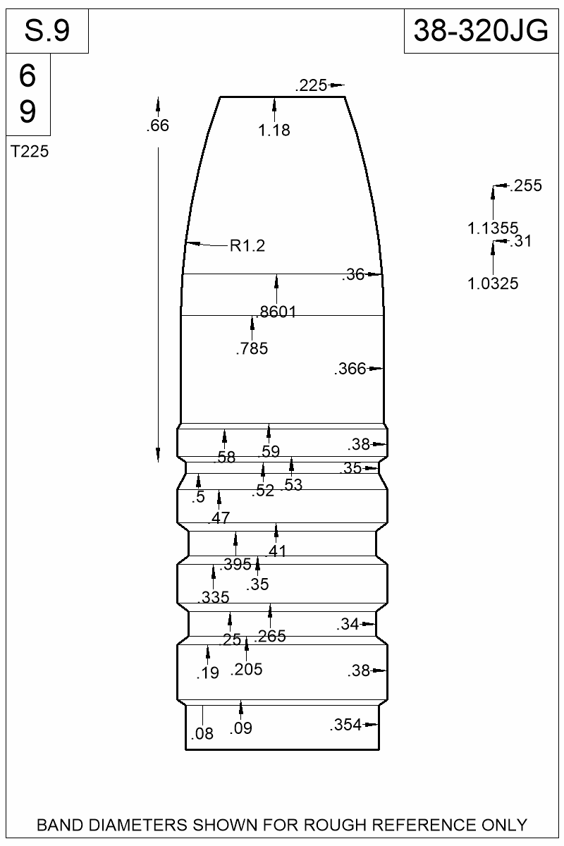Dimensioned view of bullet 38-320JG