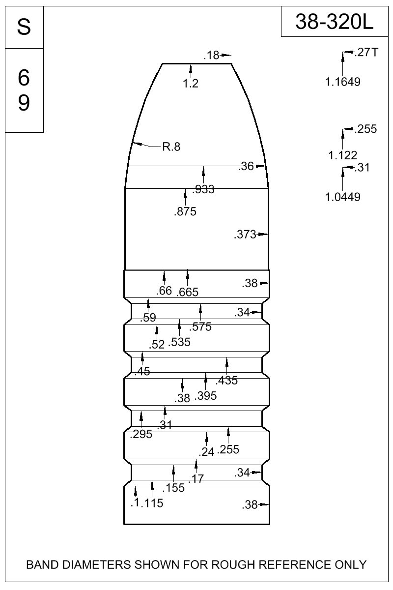 Dimensioned view of bullet 38-320L