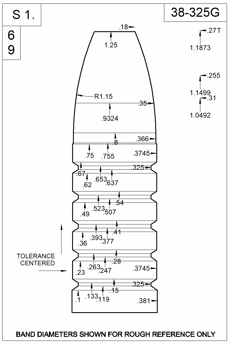 Dimensioned view of bullet 38-325G