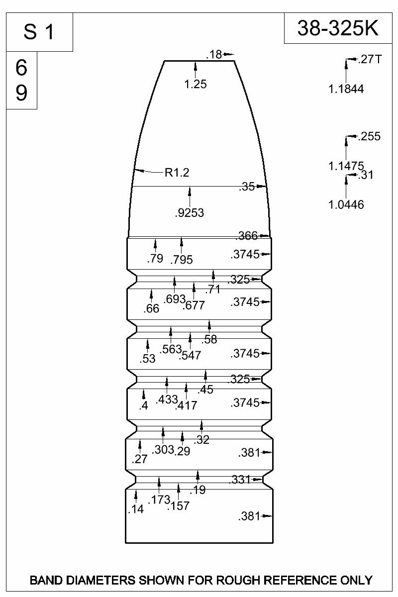 Dimensioned view of bullet 38-325K