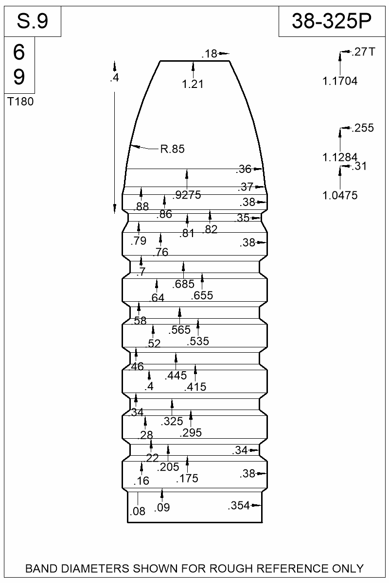 Dimensioned view of bullet 38-325P