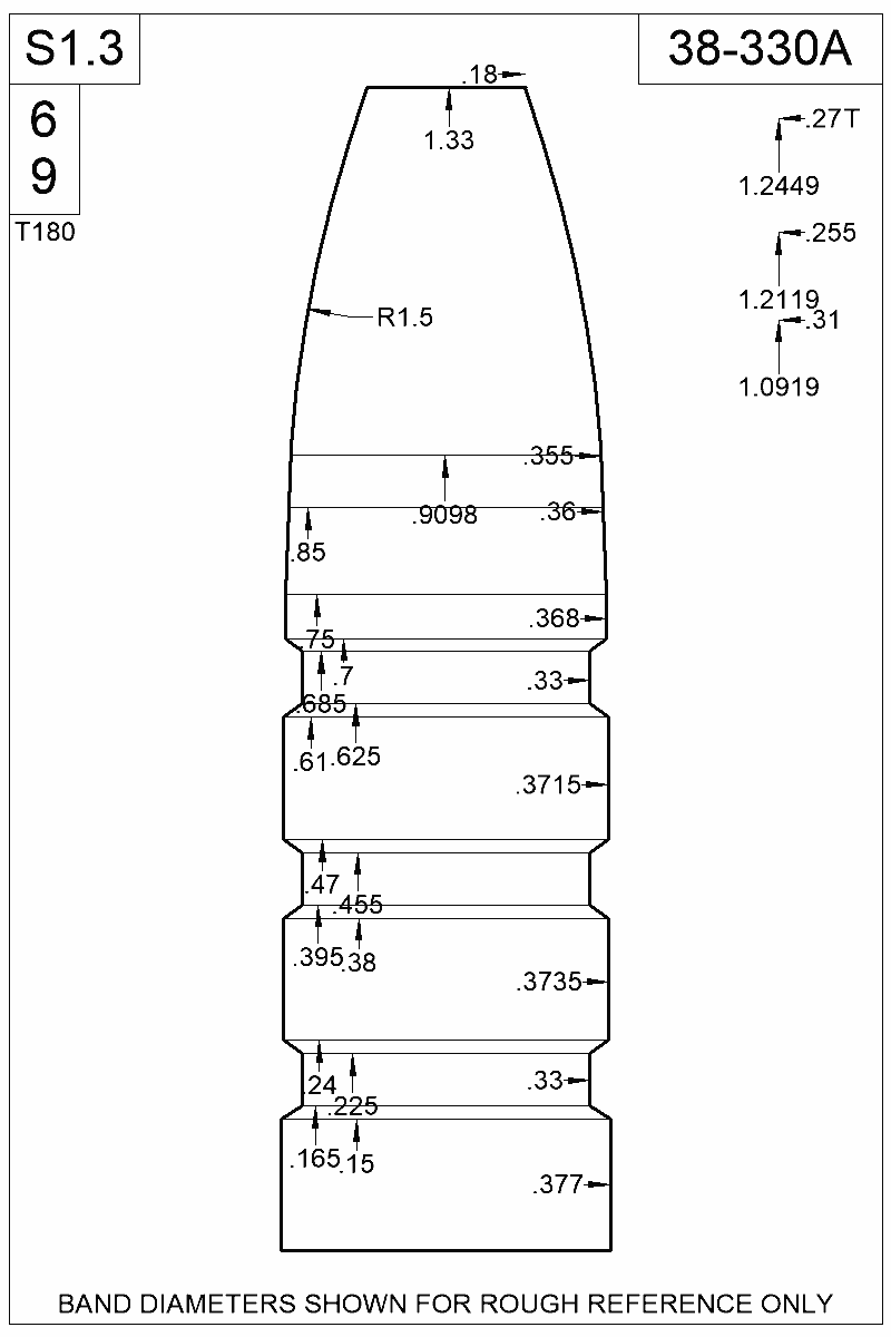 Accurate Molds catalog #38-330A Dimensioned view of bullet 38-330A