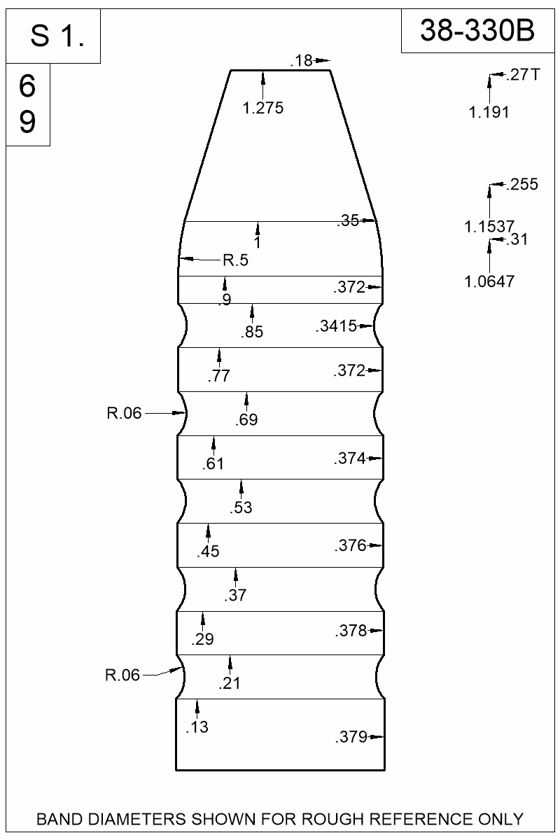 Dimensioned view of bullet 38-330B