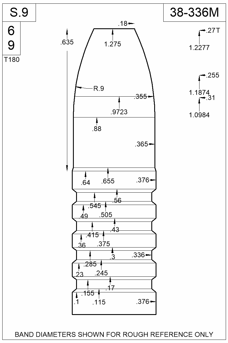 Dimensioned view of bullet 38-336M