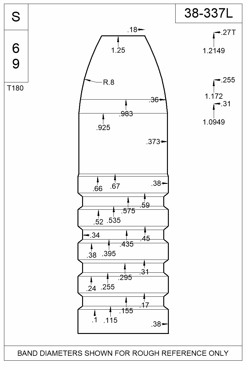 Dimensioned view of bullet 38-337L