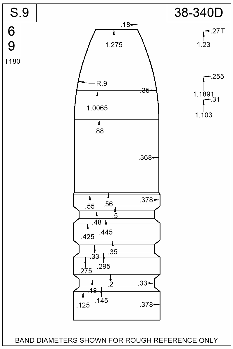 Dimensioned view of bullet 38-340D