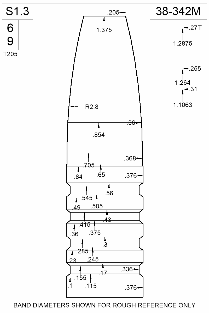 Dimensioned view of bullet 38-342M
