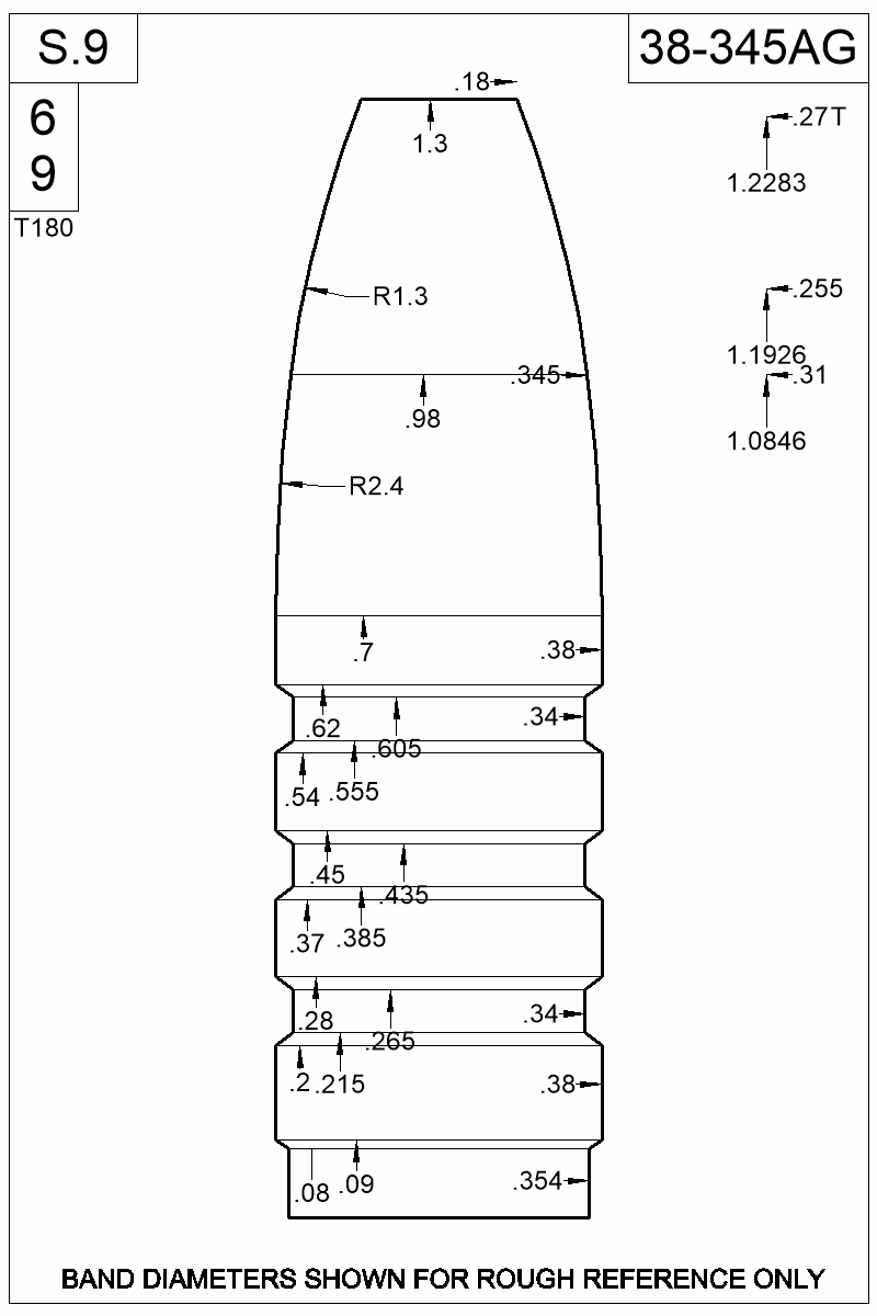 Dimensioned view of bullet 38-345AG