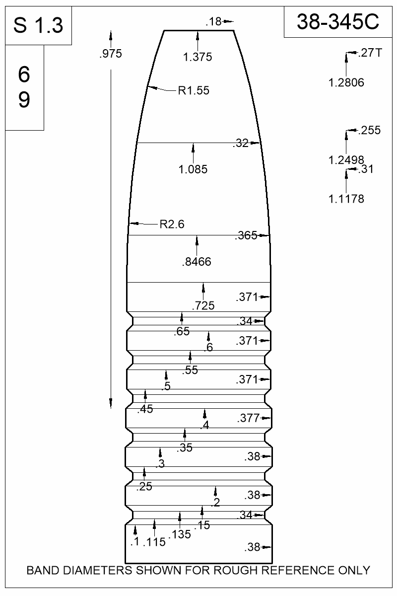 Dimensioned view of bullet 38-345C
