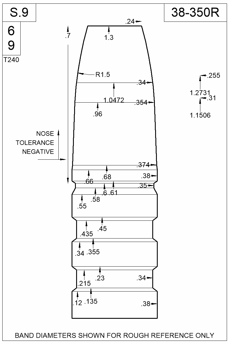 Dimensioned view of bullet 38-350R