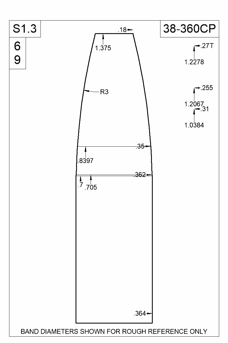 Dimensioned view of bullet 38-360CP