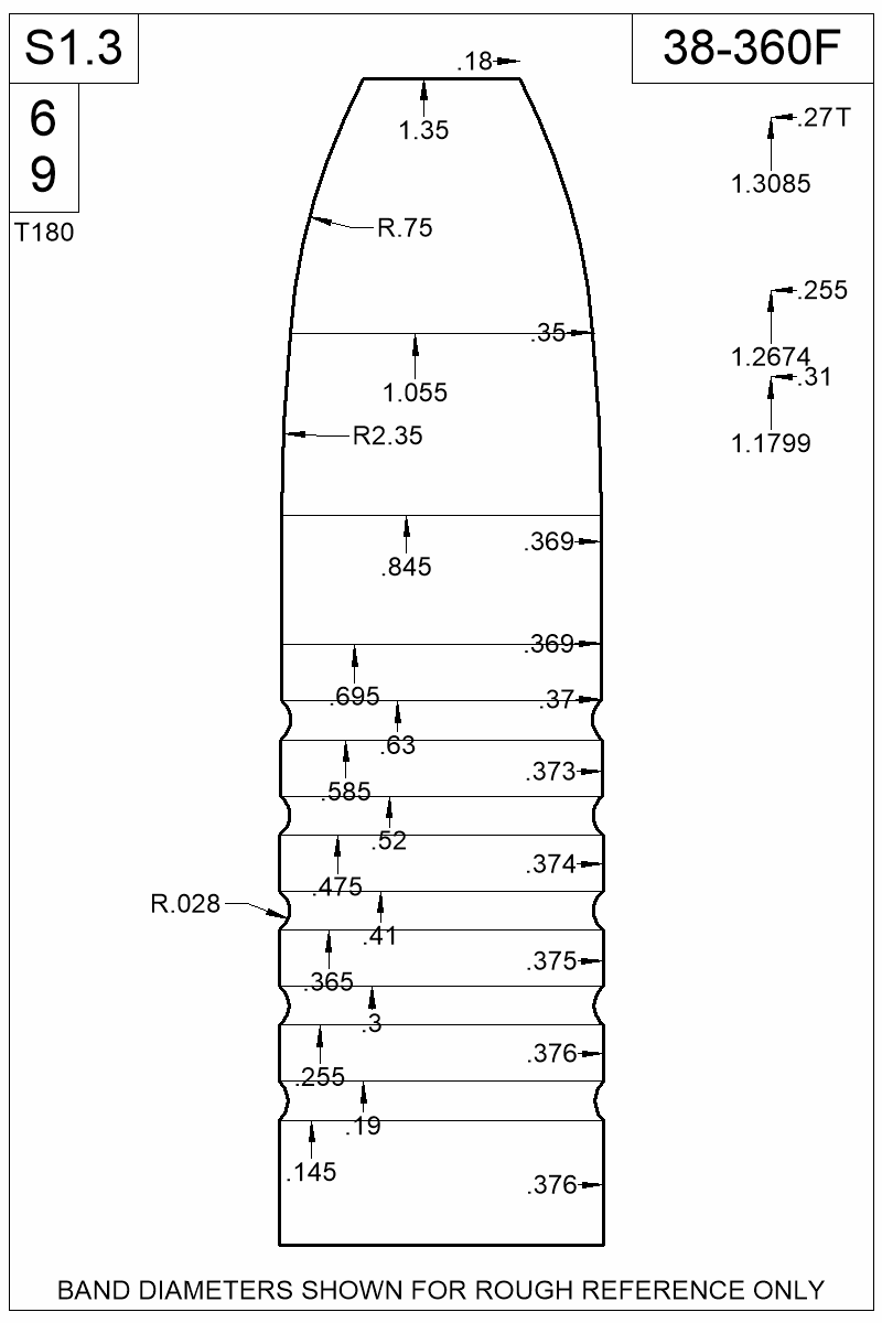 Dimensioned view of bullet 38-360F