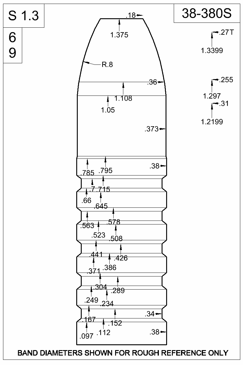Dimensioned view of bullet 38-380S