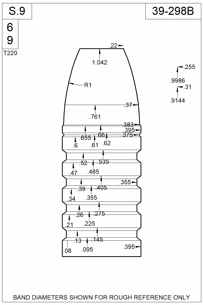 Dimensioned view of bullet 39-298B