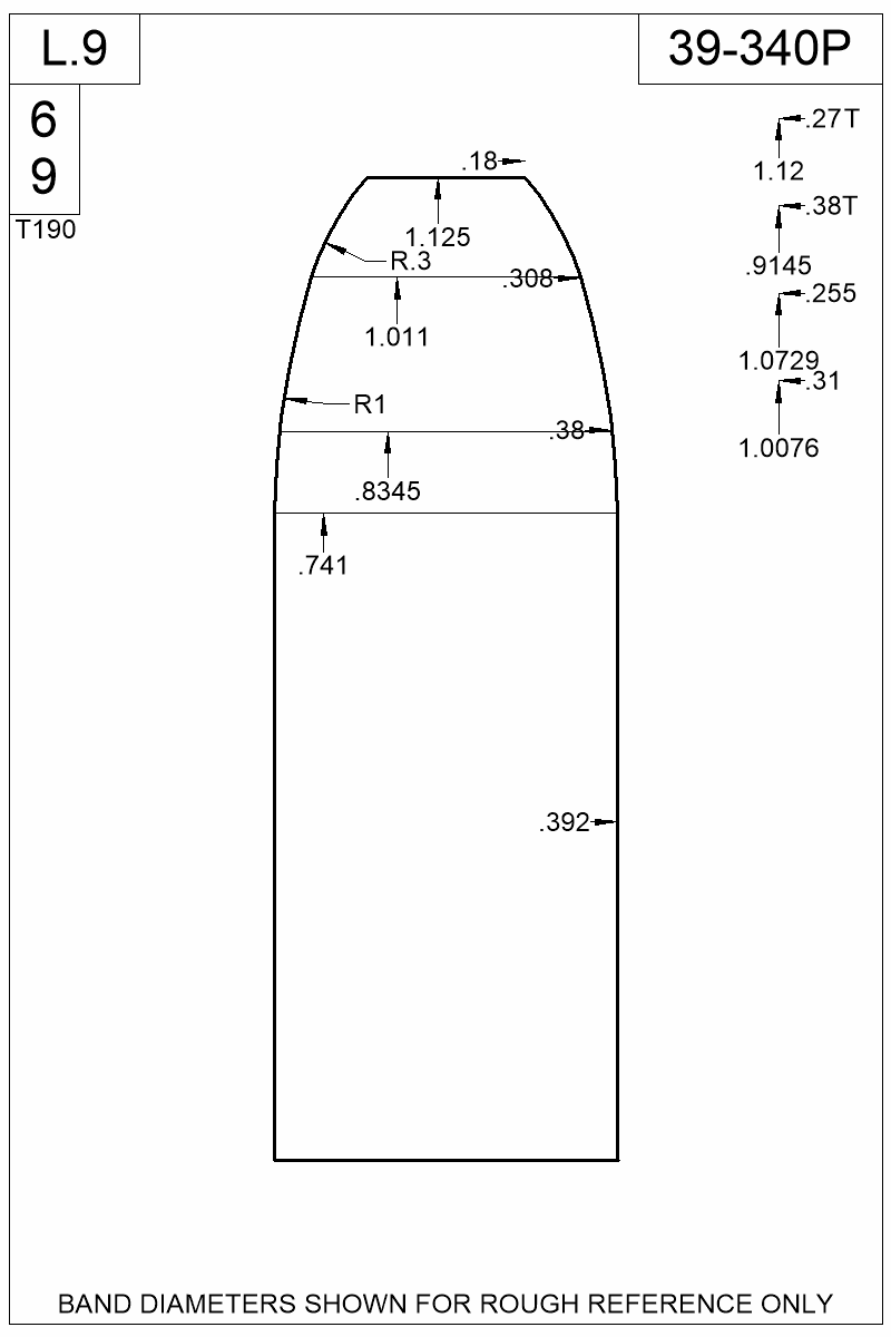 Dimensioned view of bullet 39-340P