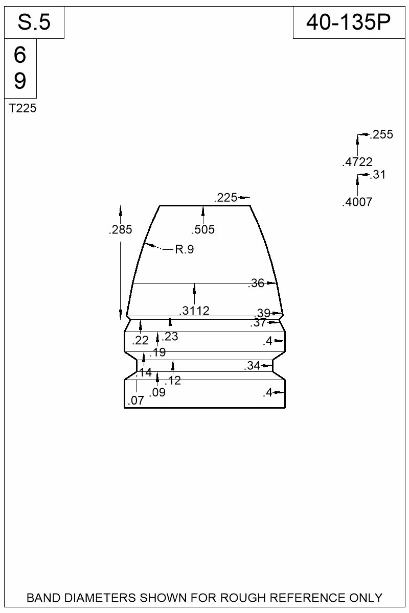 Dimensioned view of bullet 40-135P