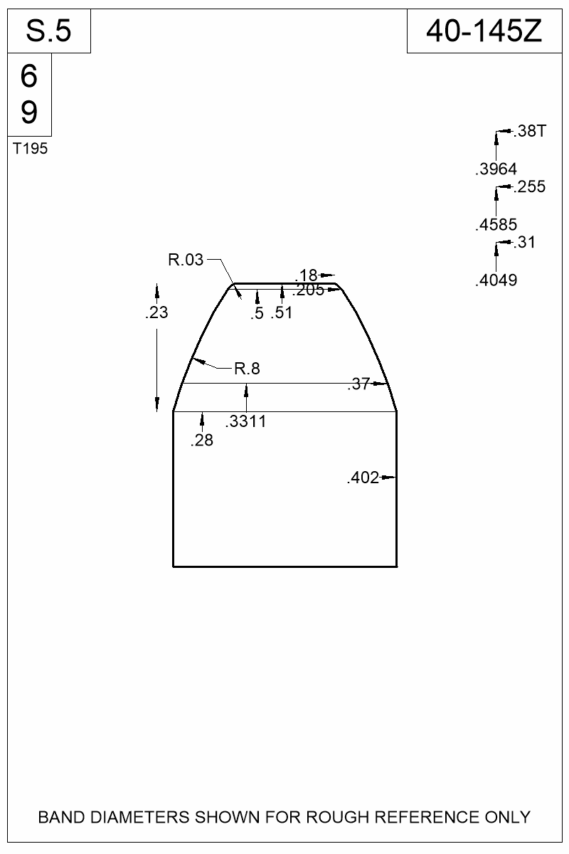 Dimensioned view of bullet 40-145Z