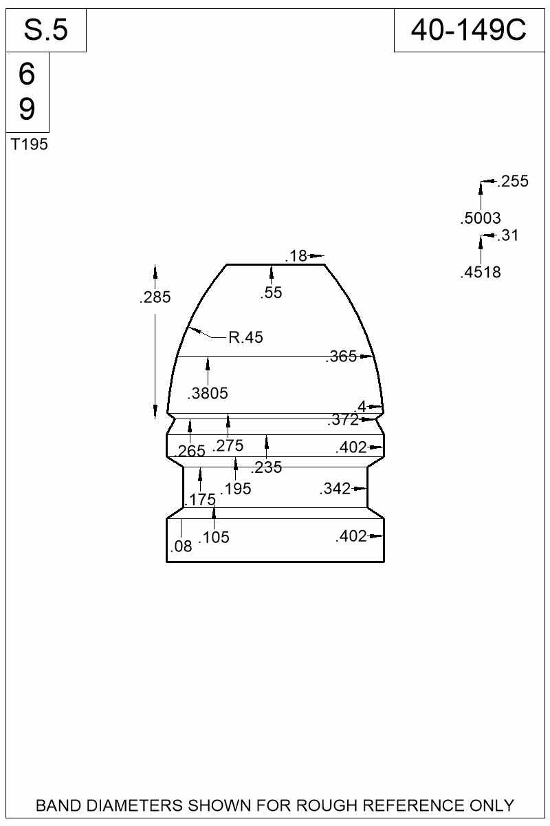 Dimensioned view of bullet 40-149C