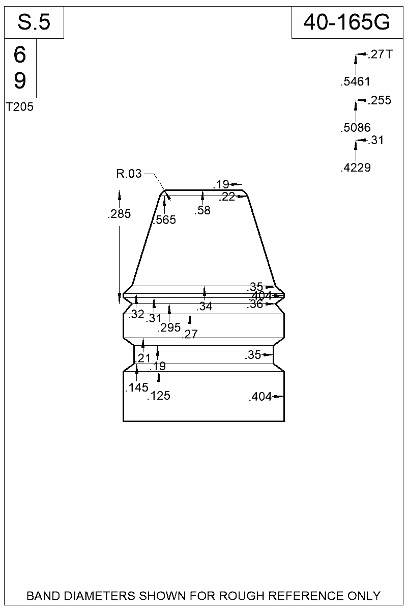 Accurate Molds catalog #40-165G Dimensioned view of bullet 40-165G