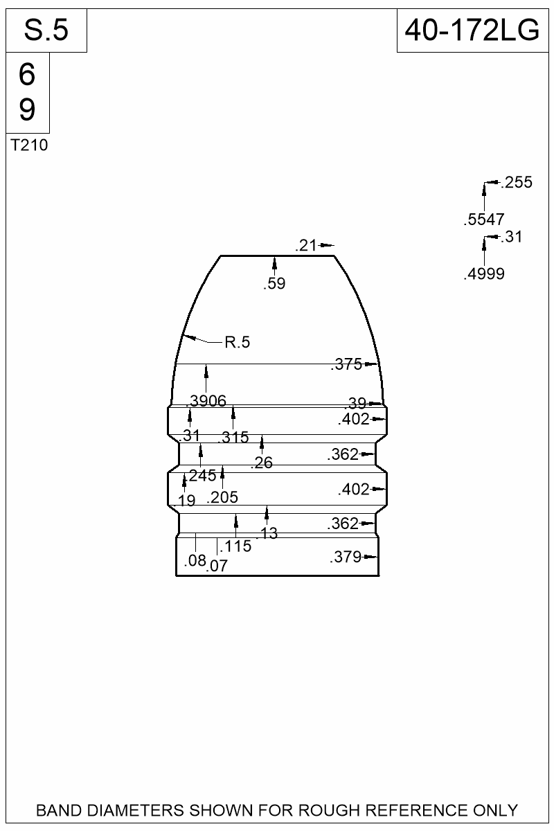 Dimensioned view of bullet 40-172LG