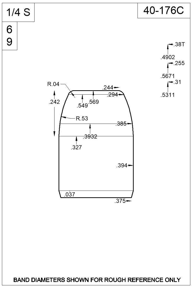 Dimensioned view of bullet 40-176C