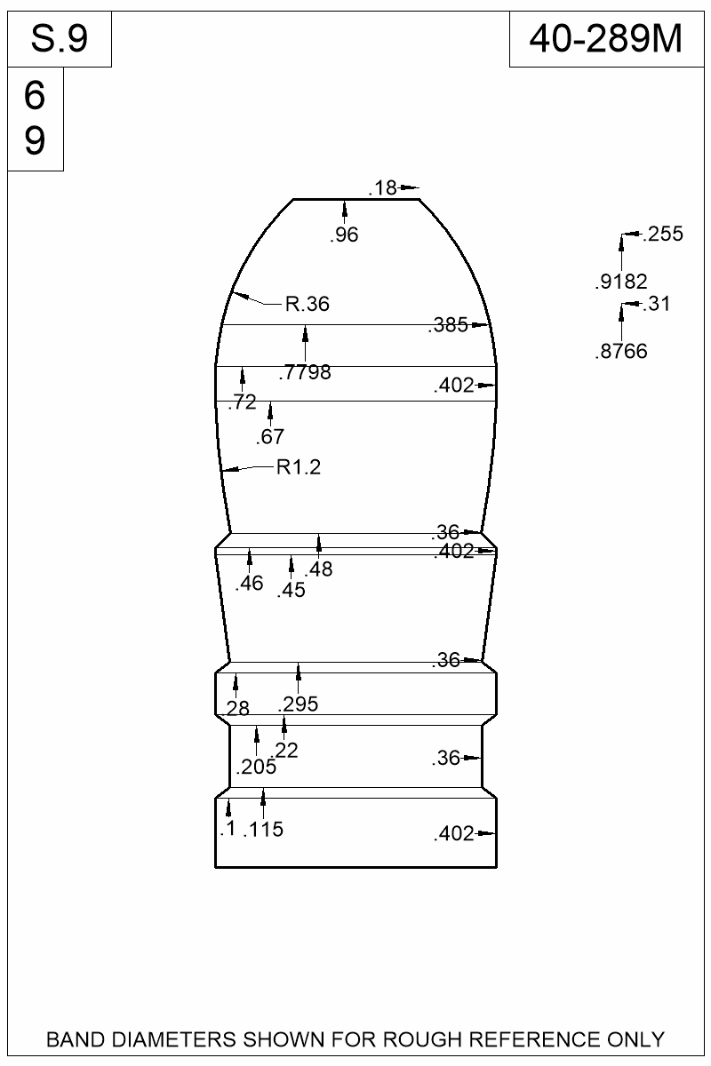 Dimensioned view of bullet 40-289M